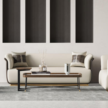 Modern Off-White & Brown Sofa for 3 Seaters Microfiber Leather Upholstery Rectangle